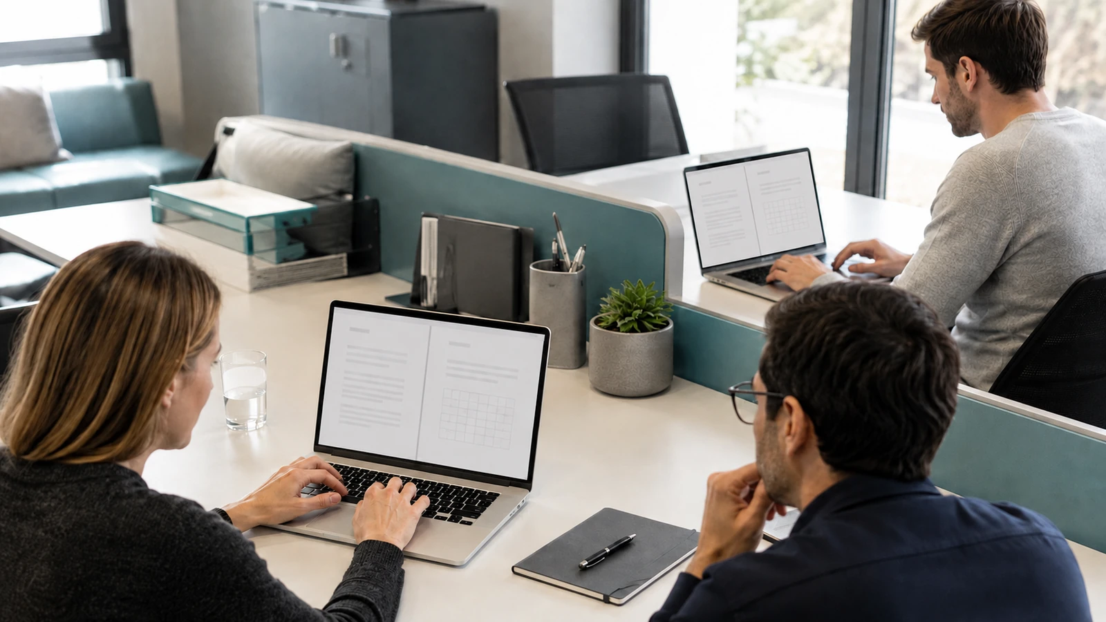 Two laptop workstations, one with a nearby colleague and one used individually.
