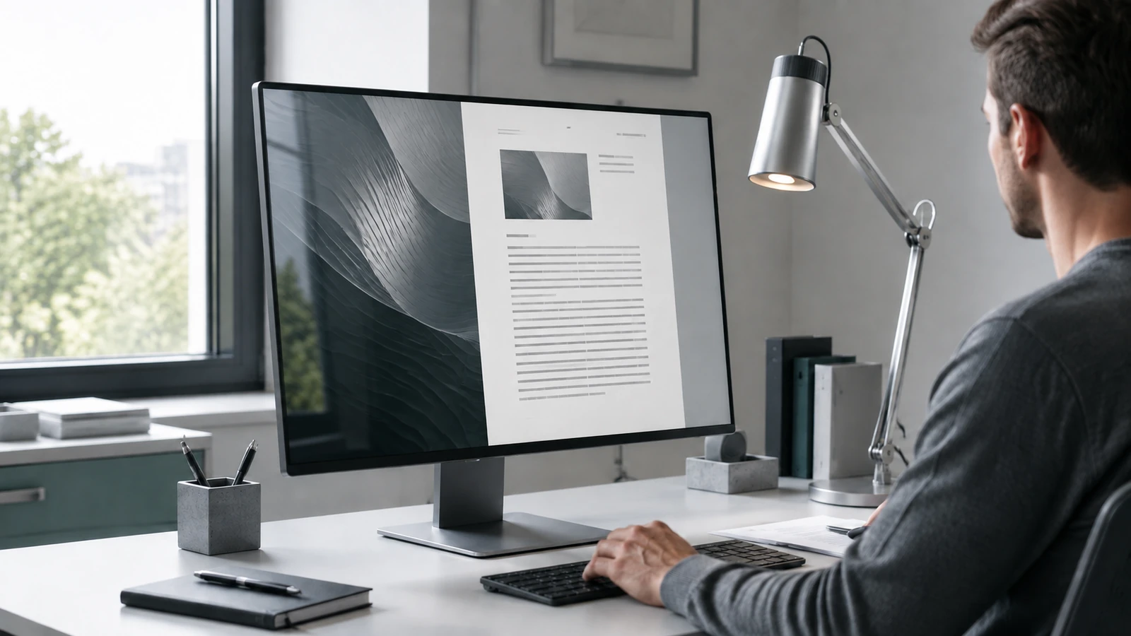 A seated user at a monitor beside a daylight window and an adjustable silver desk lamp.