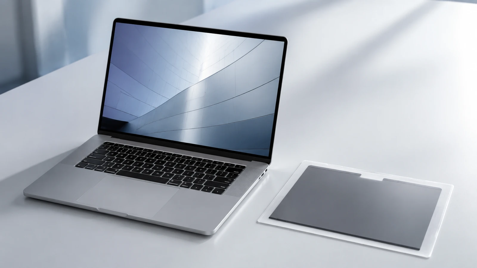 An open silver laptop with a removed privacy filter in a separate translucent sleeve beside it.