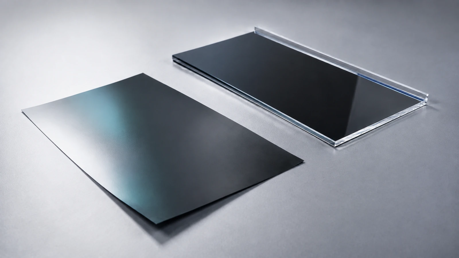 A thin flexible dark PET sheet beside a rigid acrylic panel with a clear bent edge.