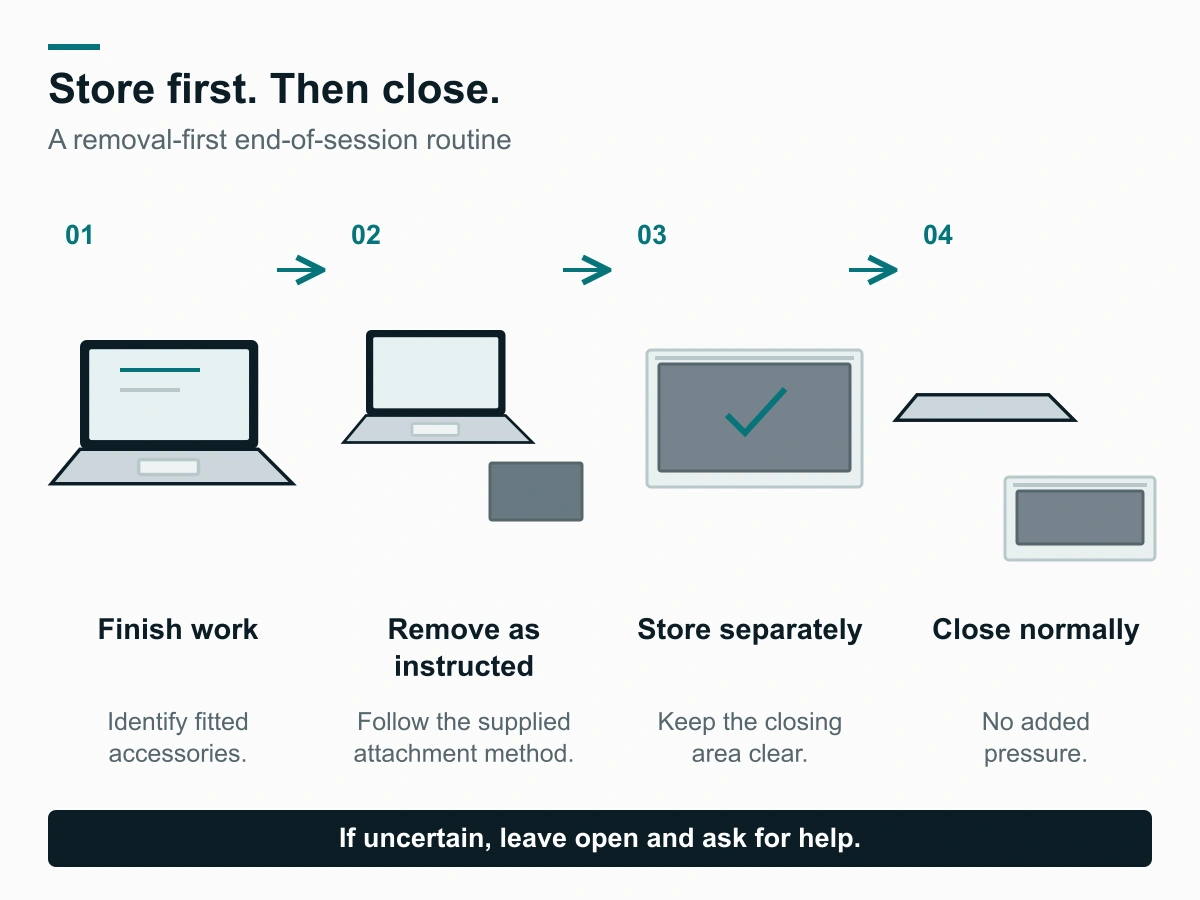Four-step routine: finish work, remove as instructed, store separately, and close without added pressure.