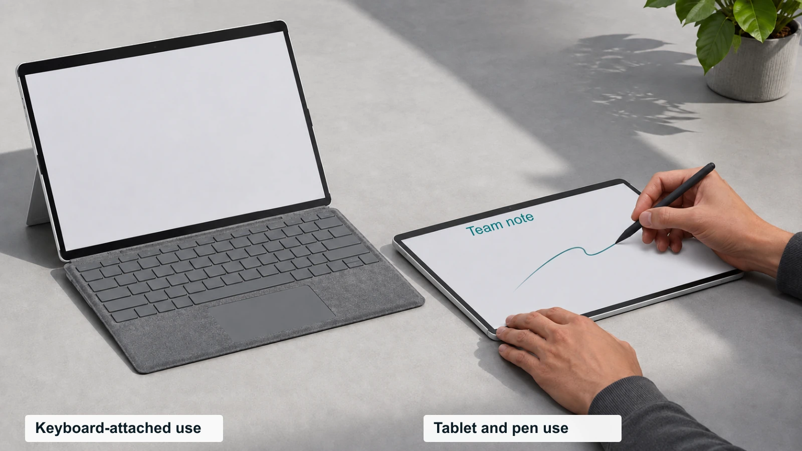 Surface Pro-style devices in keyboard-attached and tablet postures, with a hand using a flat stylus to make a note.