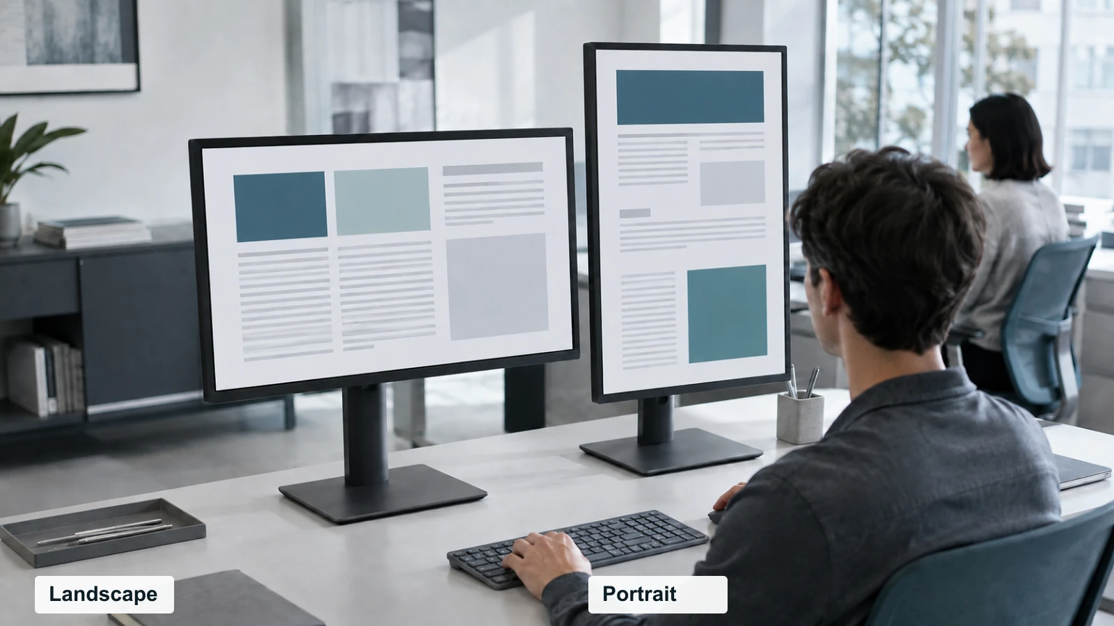 A seated user works at matching landscape and portrait monitors, with a colleague farther to the side.