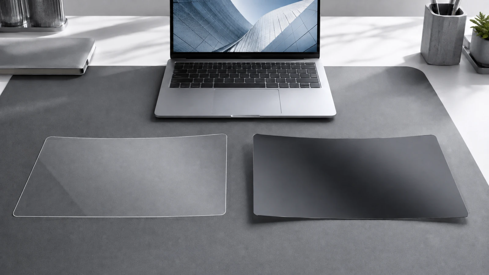 A clear screen protector and a dark privacy filter placed separately on a gray mat beside a laptop.