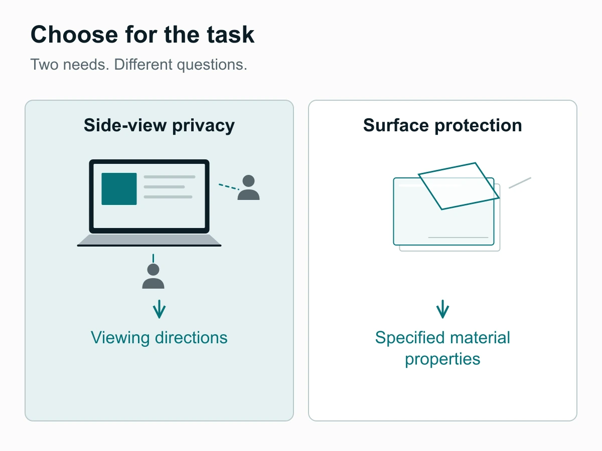Two selection paths connect side-view privacy to viewing directions, and surface protection to specified material properties.