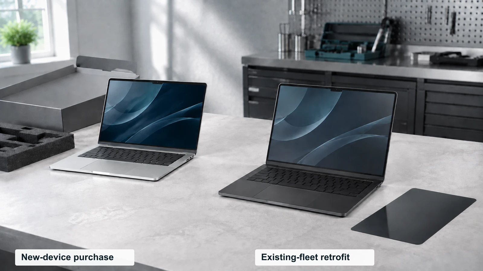 An unpacked silver laptop beside a graphite laptop and a separate dark filter on an IT workbench.