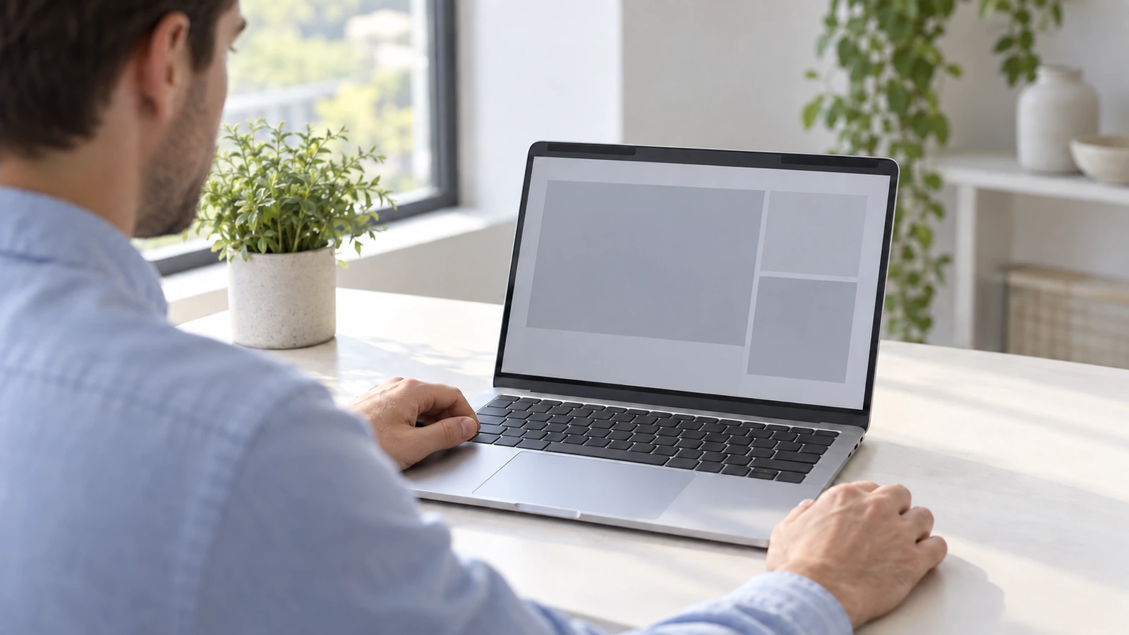 An adult views an open silver laptop at a naturally lit desk.