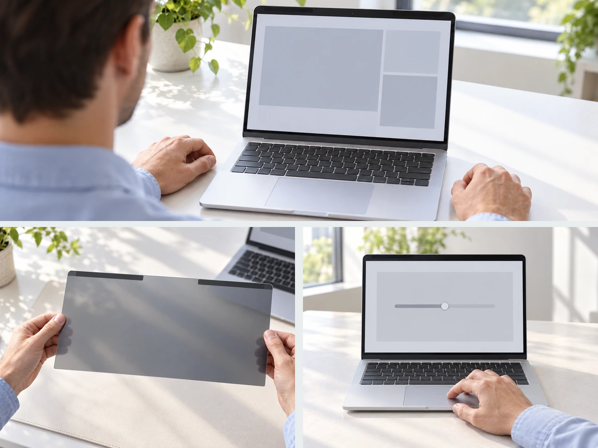 Three photographs show front reading position, a detached filter surface check and a display control.