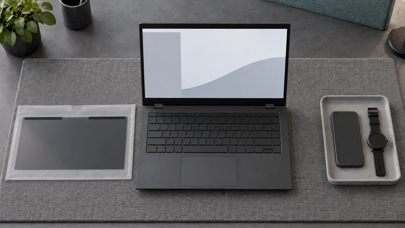An open graphite laptop sits beside a filter in a sleeve and a separate tray holding a phone and watch.