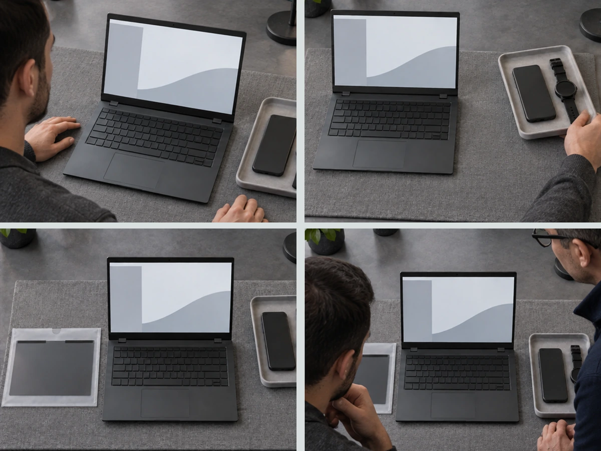 Four photographs show an open laptop, a phone and watch moved aside, a stored filter and a colleague reviewing the open setup.