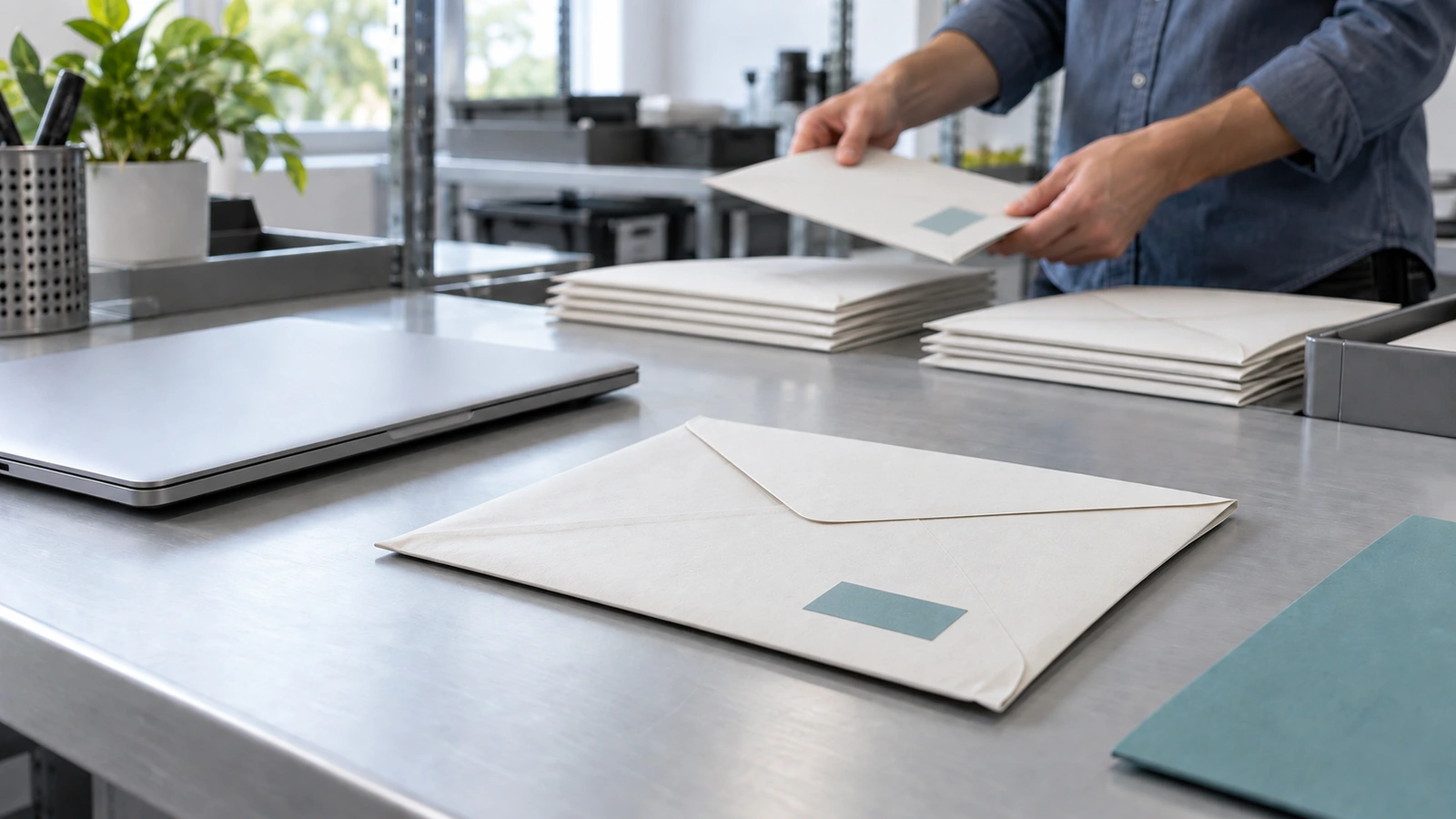 A sealed paper sleeve lies beside a laptop while a worker picks another sleeve from two grouped stacks.