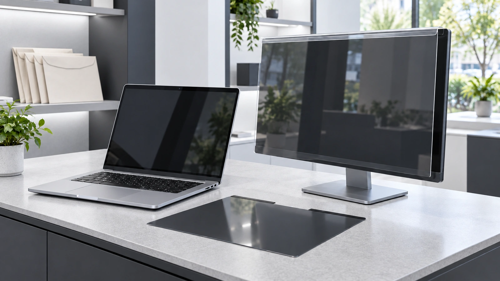 A laptop, a detached thin filter and a monitor with a rigid top-hanging panel are displayed in a computer accessory showroom.