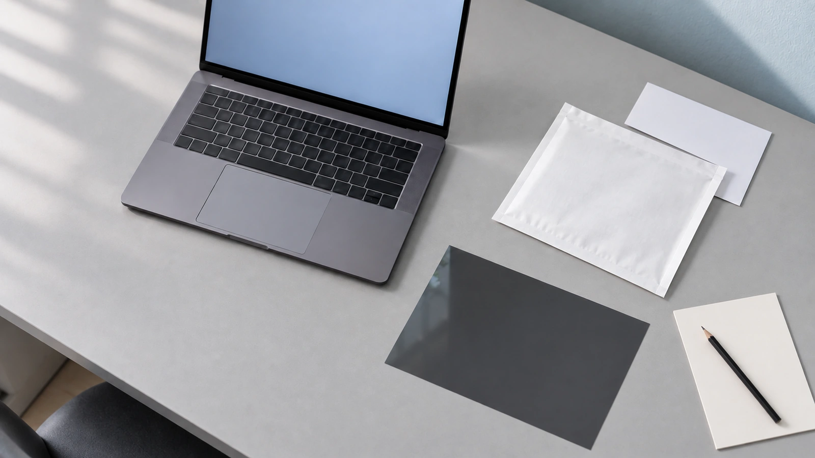 An open laptop, a thin dark filter and two plain paper envelopes sit beside a small blank sheet and pencil.