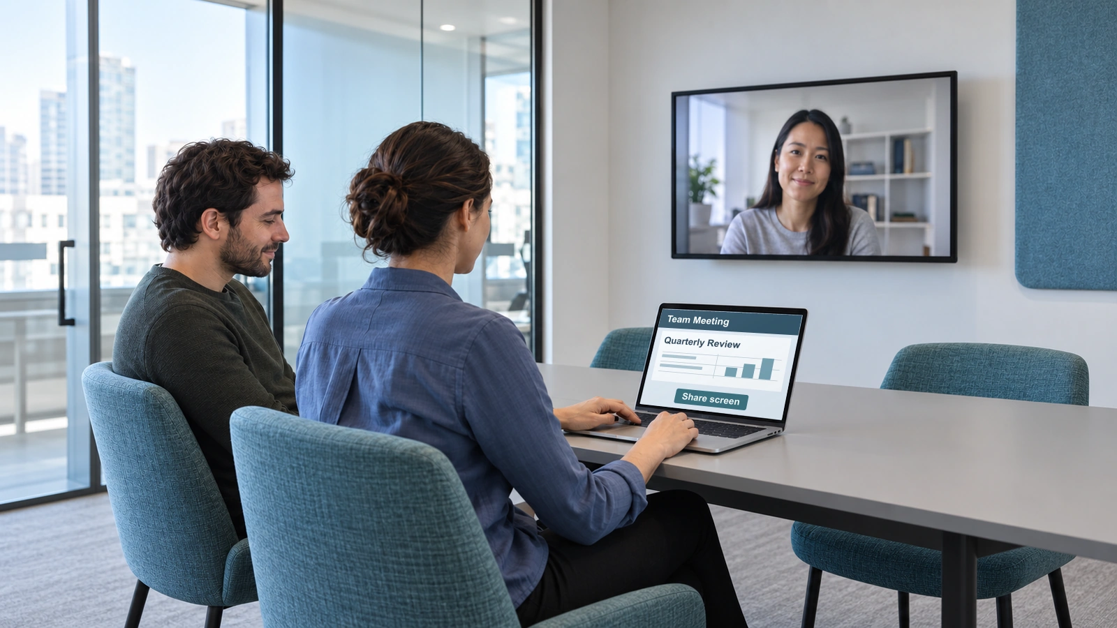 A laptop user shares a Quarterly Review meeting window while a coworker sits nearby and a remote participant appears on a separate wall display.