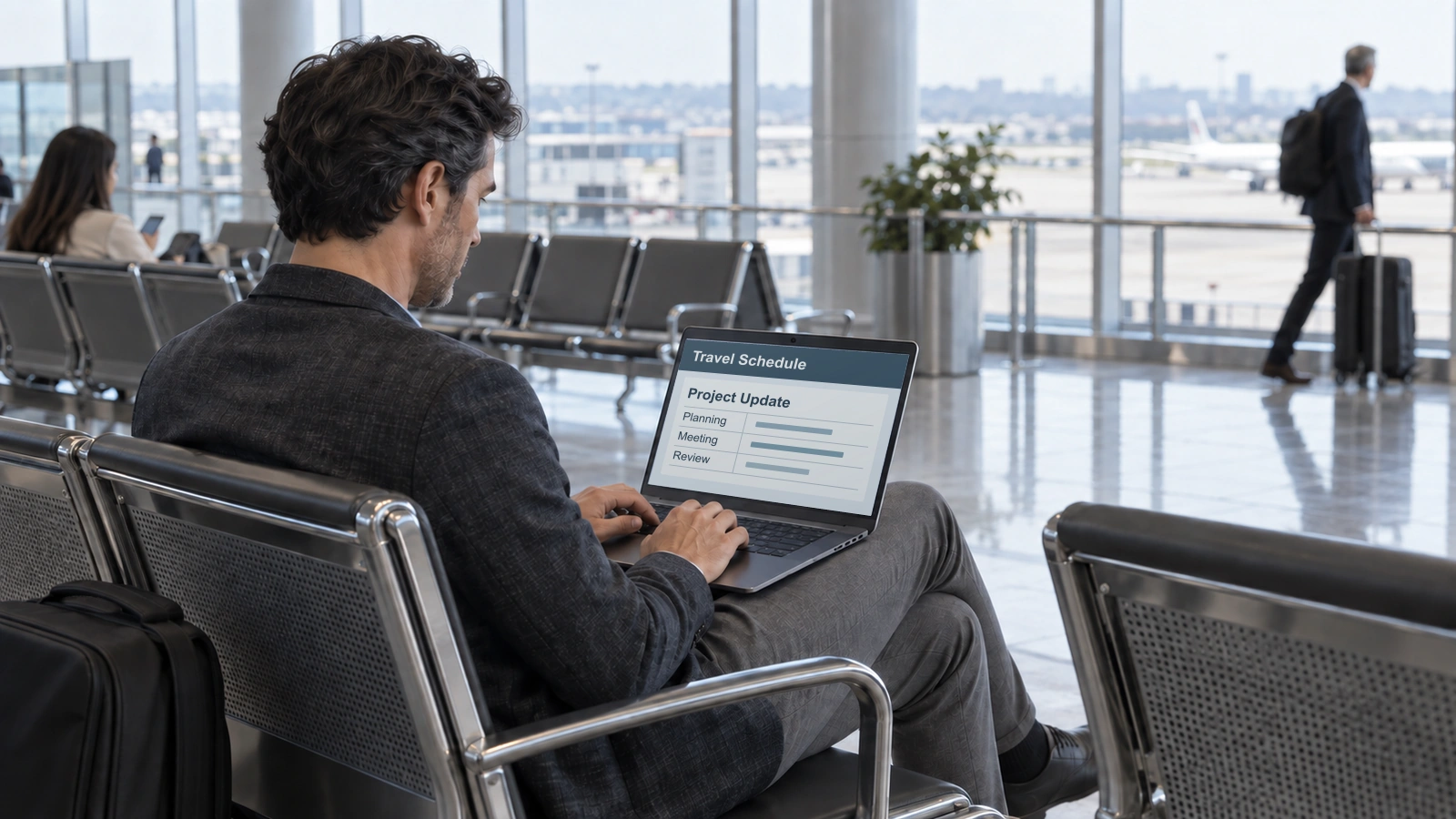 A seated traveler views a Travel Schedule and Project Update on a laptop among airport seats beside an aisle.