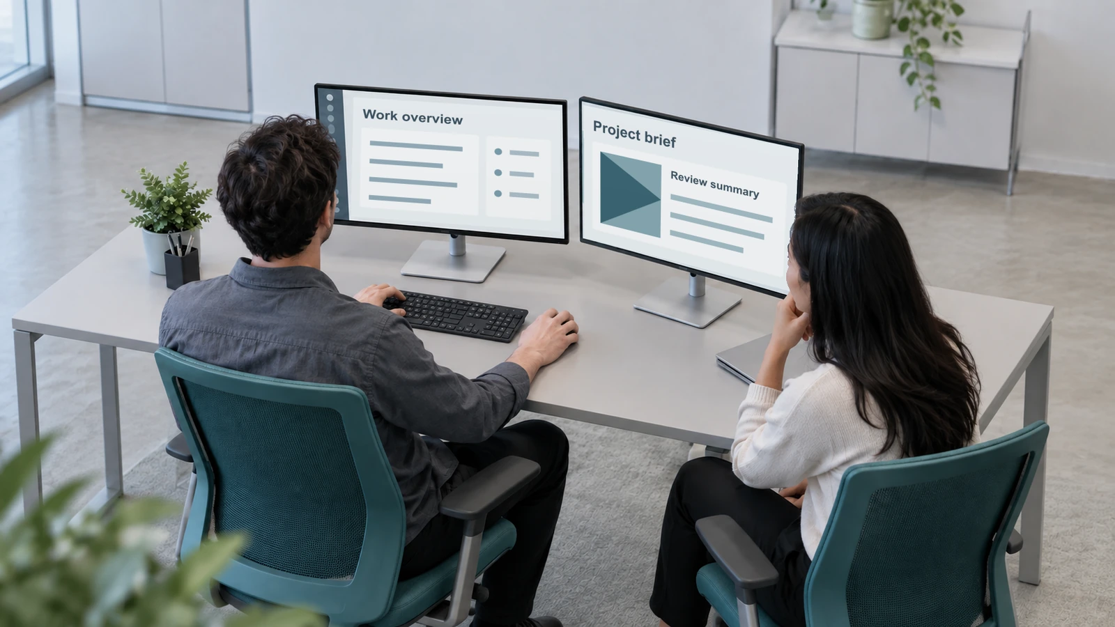 A seated user faces one monitor while a colleague reviews a differently oriented second monitor at the same desk.