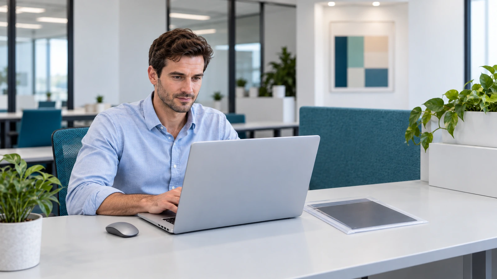 A person works on a laptop beside a thin dark filter stored flat in a separate translucent protective folder.
