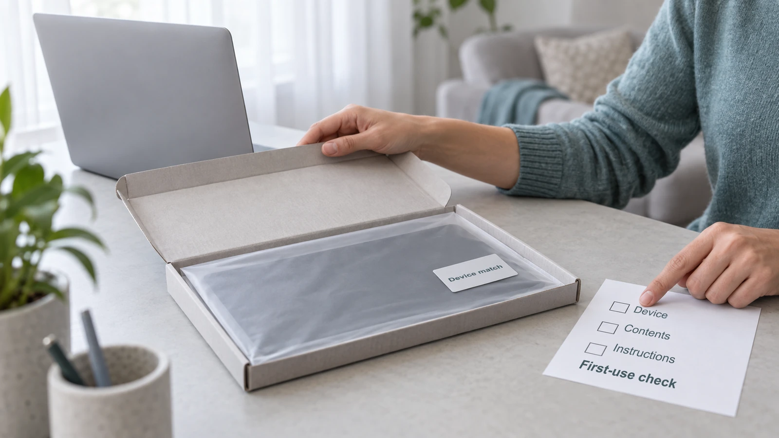Hands check an unpacked privacy filter in a protective sleeve beside a laptop and a first-use checklist on a home desk.
