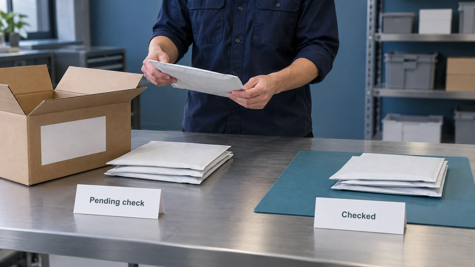 A worker checks a sealed flat pack at a receiving bench with separate pending-check and checked areas.