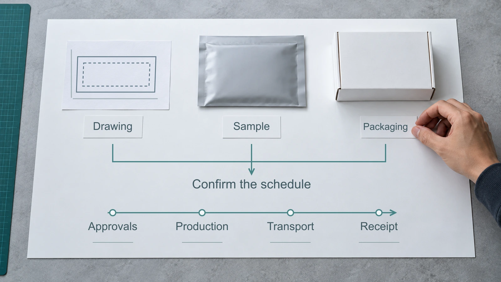 Drawing, sample and packaging review materials feed into a project schedule with blank timing fields.