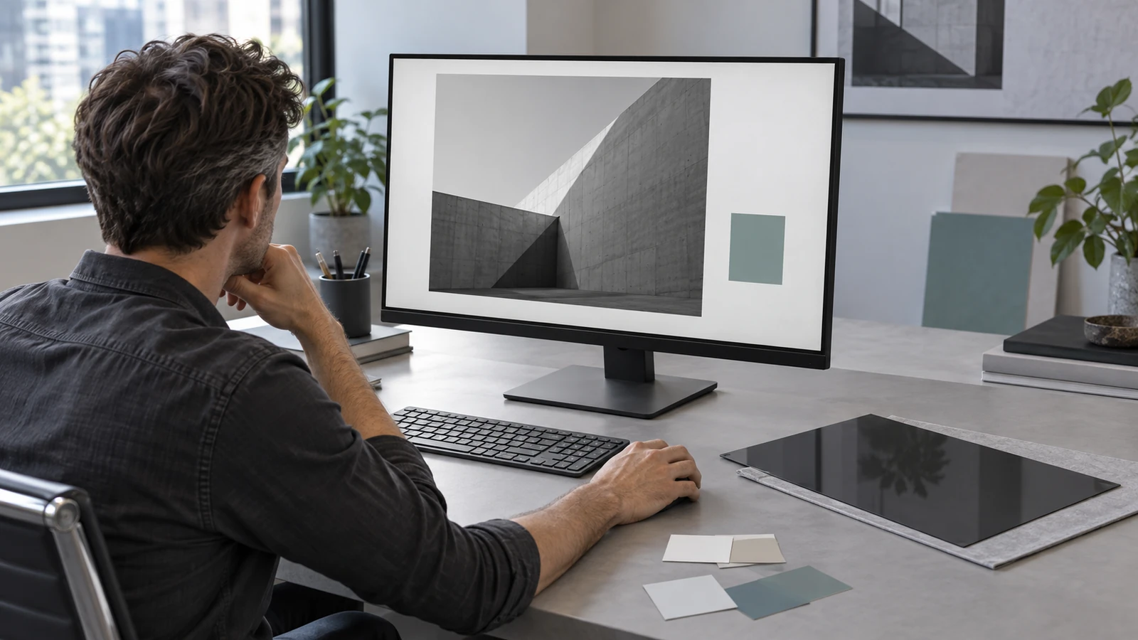 A designer views an unbranded layout on a monitor while a dark screen filter rests separately on a protective sleeve.