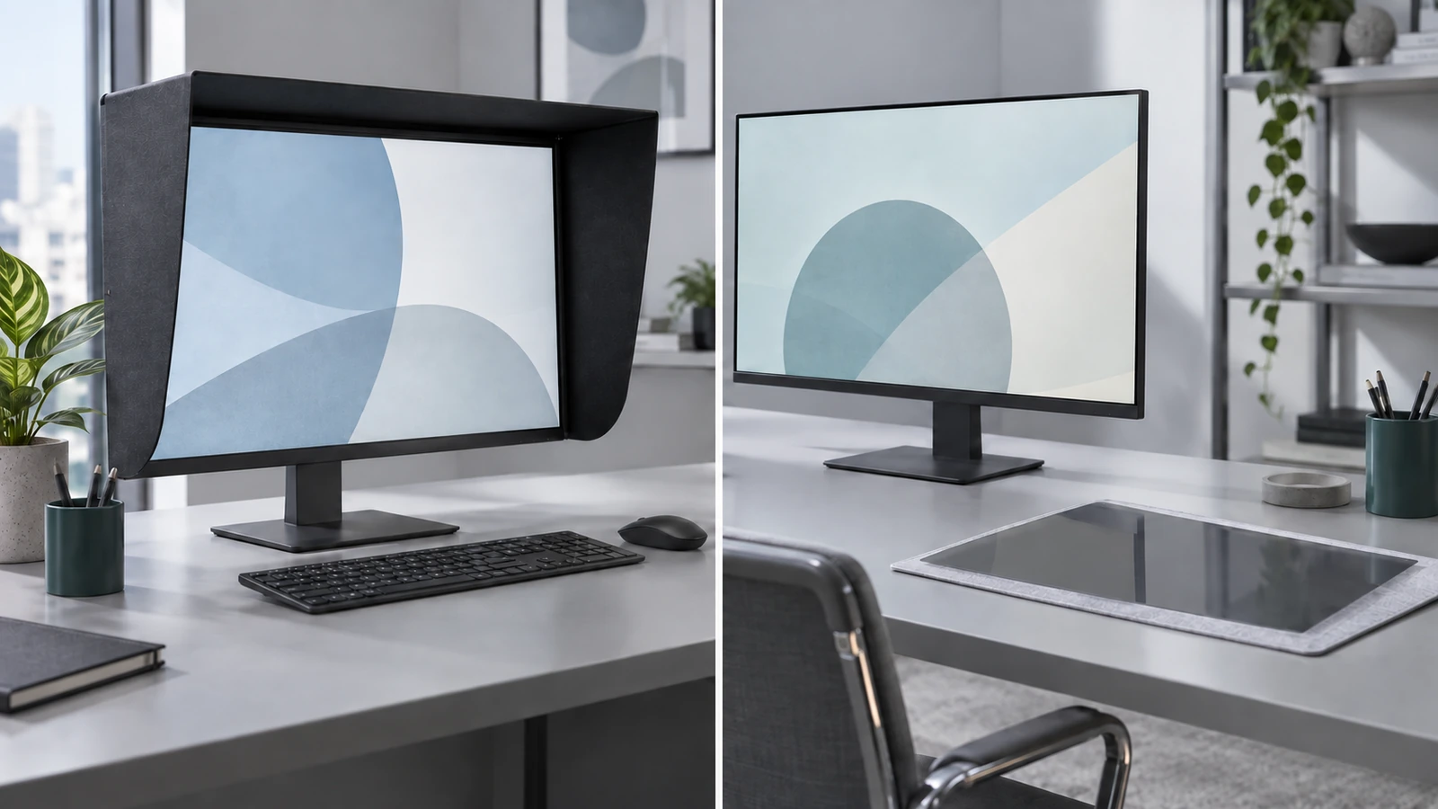 Two desk views show an external top-and-side monitor hood and a separate thin filter resting beside an uncovered monitor.