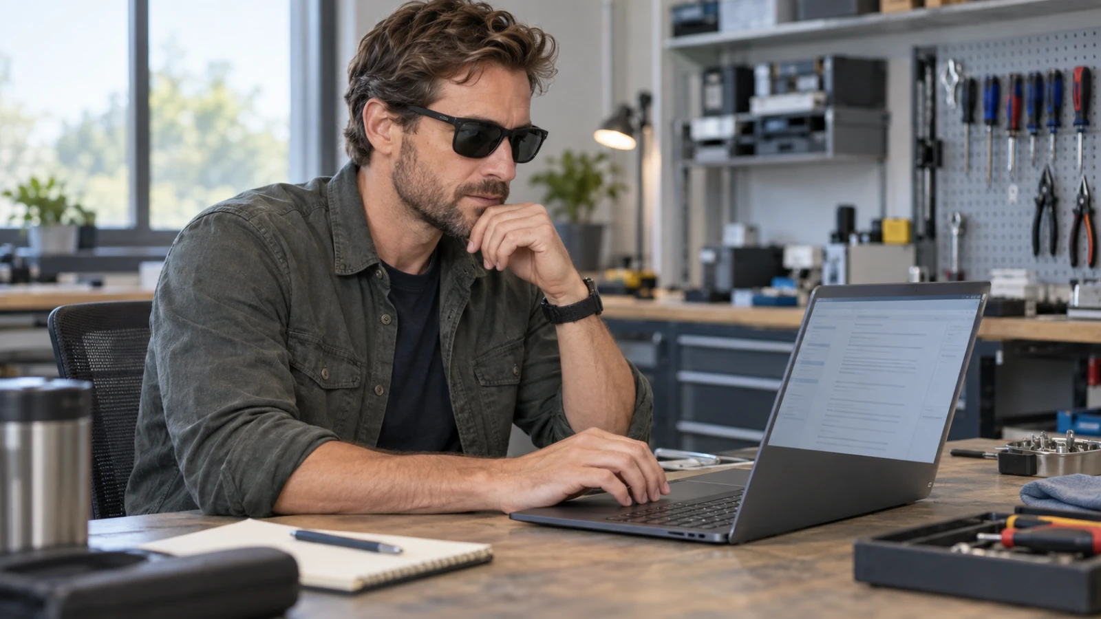 A field worker checking a laptop while wearing polarized eyewear