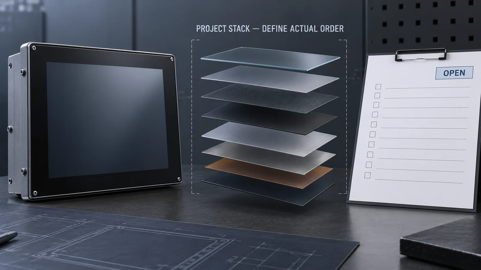 An industrial display stack diagram beside an empty validation record