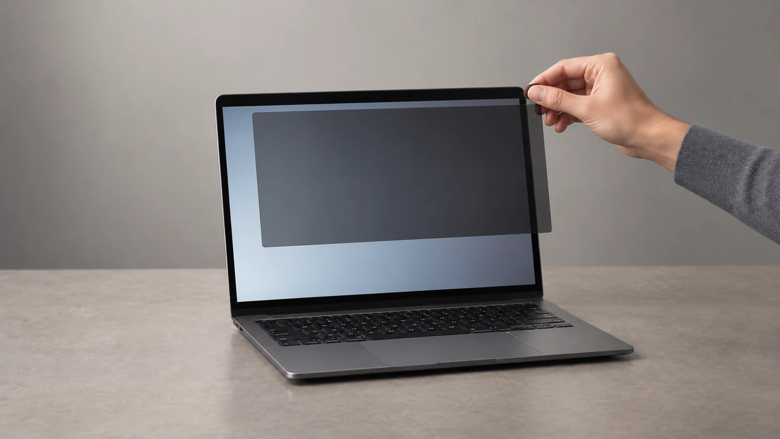 A magnetic privacy filter being aligned with its matching laptop