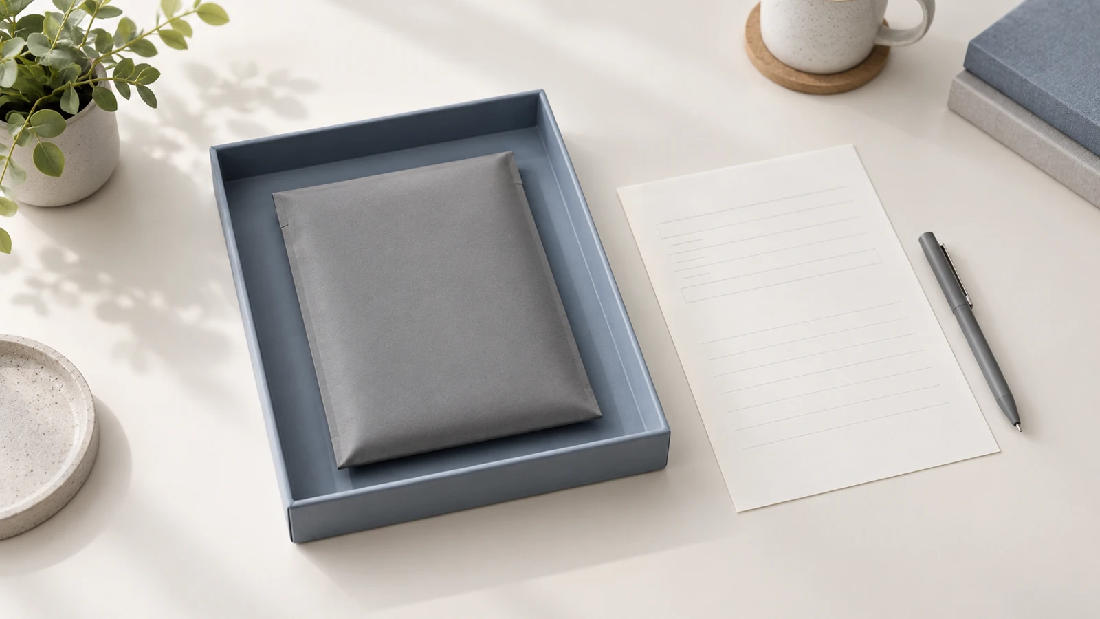A closed plain sample sleeve in a blue-grey tray beside a blank condition record sheet.