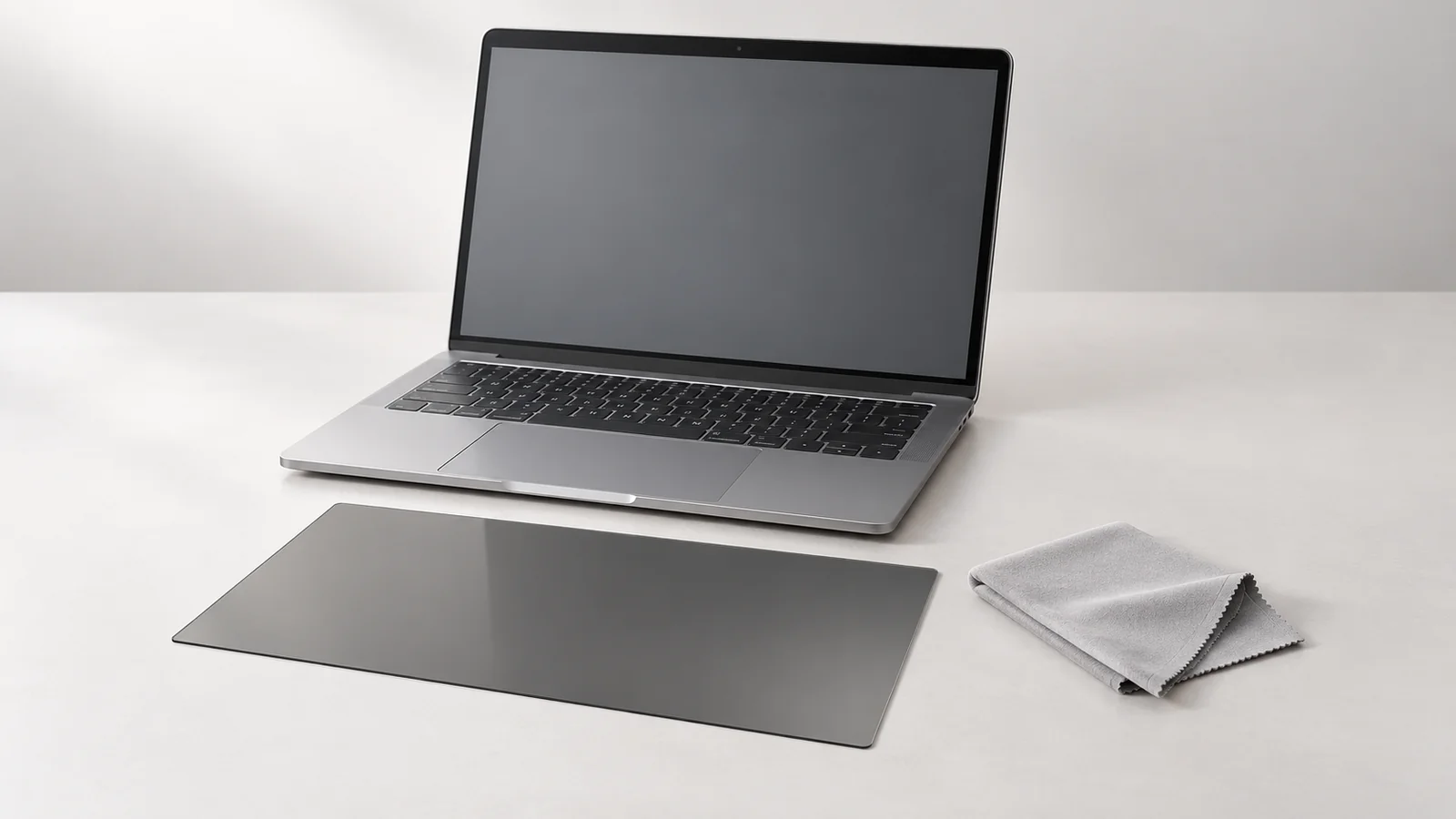 A silver-gray laptop, a separate privacy-filter sheet and a folded soft cloth on a neutral desk.