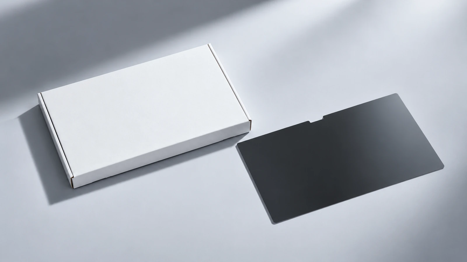 A thin dark privacy filter displayed separately from a closed, plain white box on a cool gray surface.