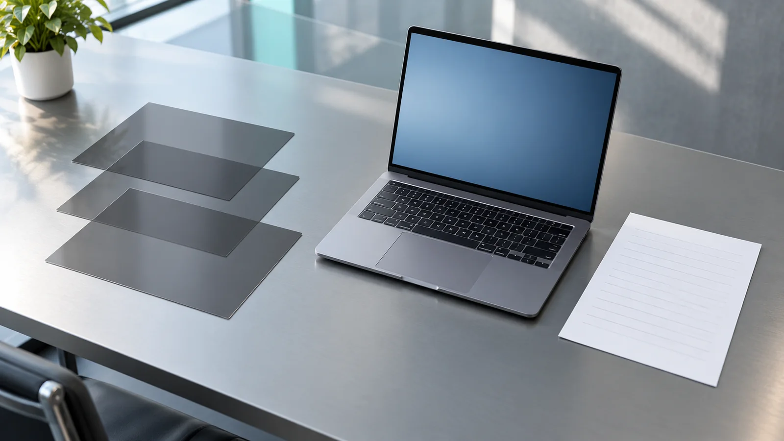 Three separate privacy filter sheets beside an unbranded laptop and a blank purchasing checklist during fleet-refresh planning.