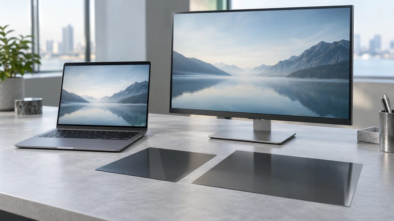 An unbranded laptop and desktop monitor with two loose dark privacy-filter sample sheets on the desk.
