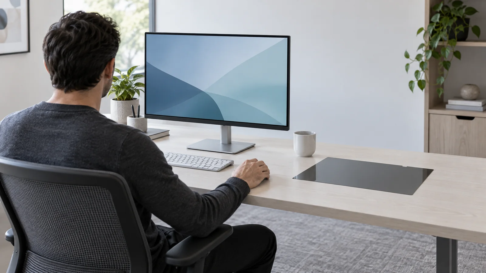 An adult viewed from behind at an unbranded monitor with a separate dark translucent PET filter sheet beside the workstation.