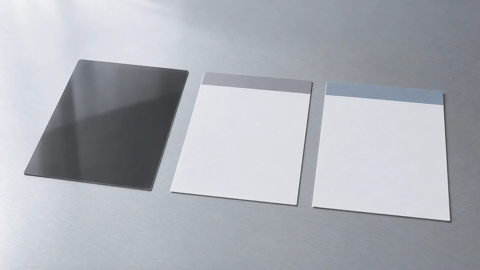 A dark translucent privacy filter beside two blank reference cards for a custom reorder comparison.