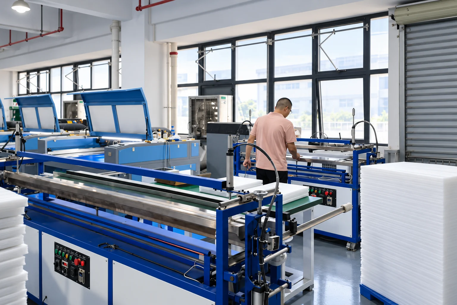 Operator works among sheet-processing equipment in the ScreenWord production room