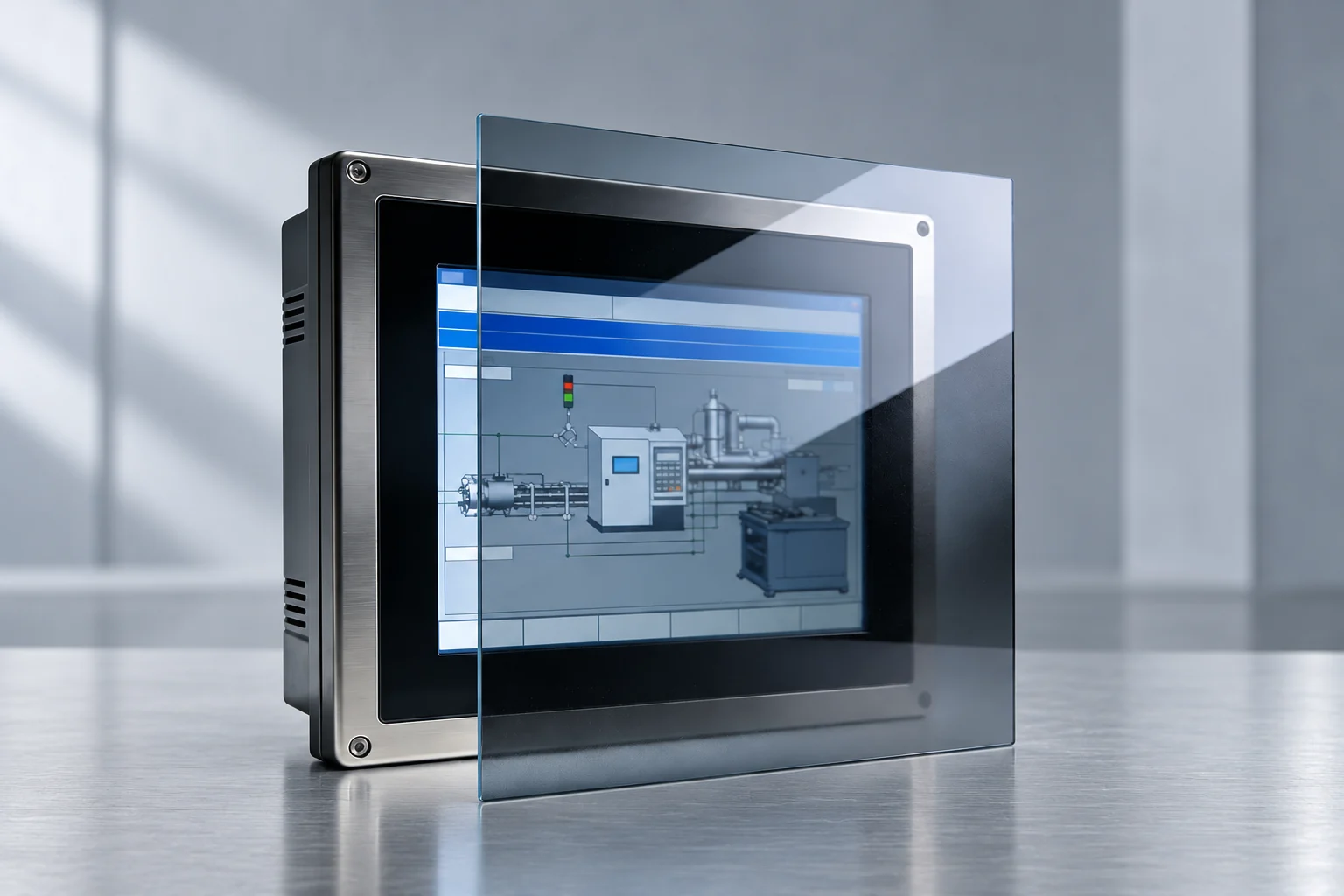 Industrial display shown with a separate dark privacy-filter sheet for project configuration review