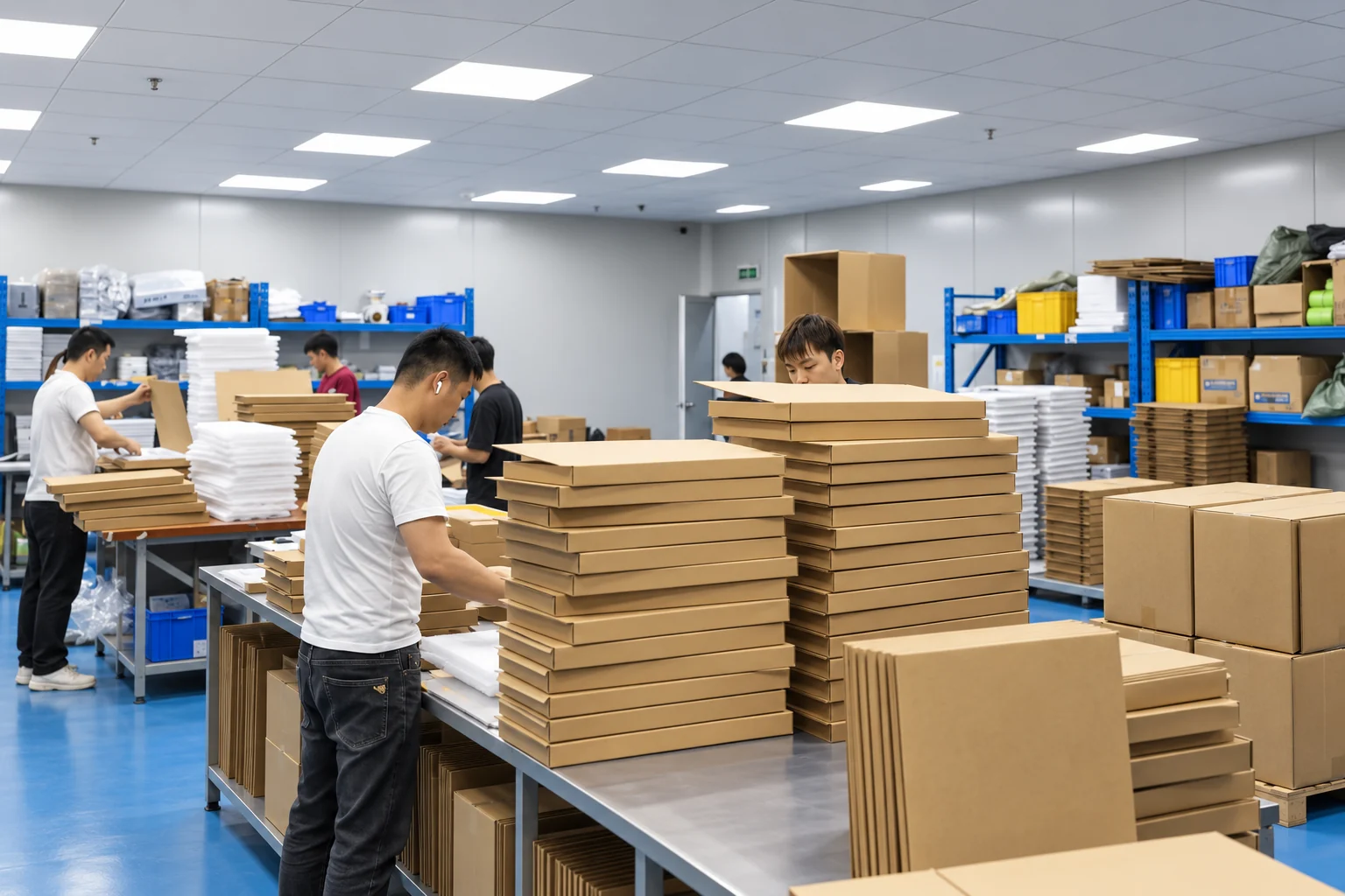 Workers organize flat kraft boxes and foam protection materials in the ScreenWord packaging area
