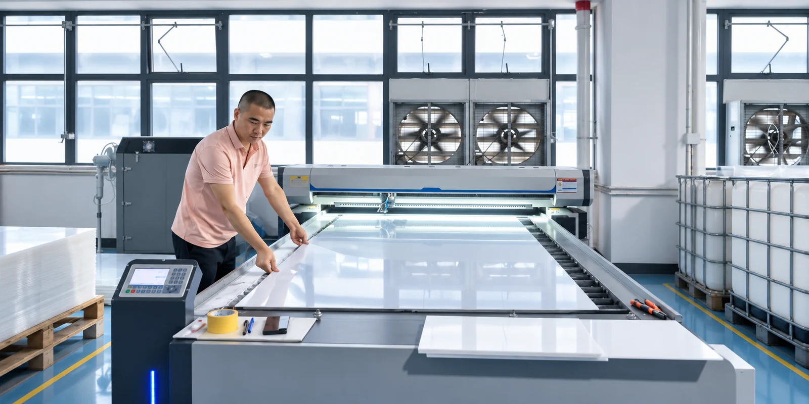Operator aligns a translucent sheet on a flatbed cutting machine in the ScreenWord production room