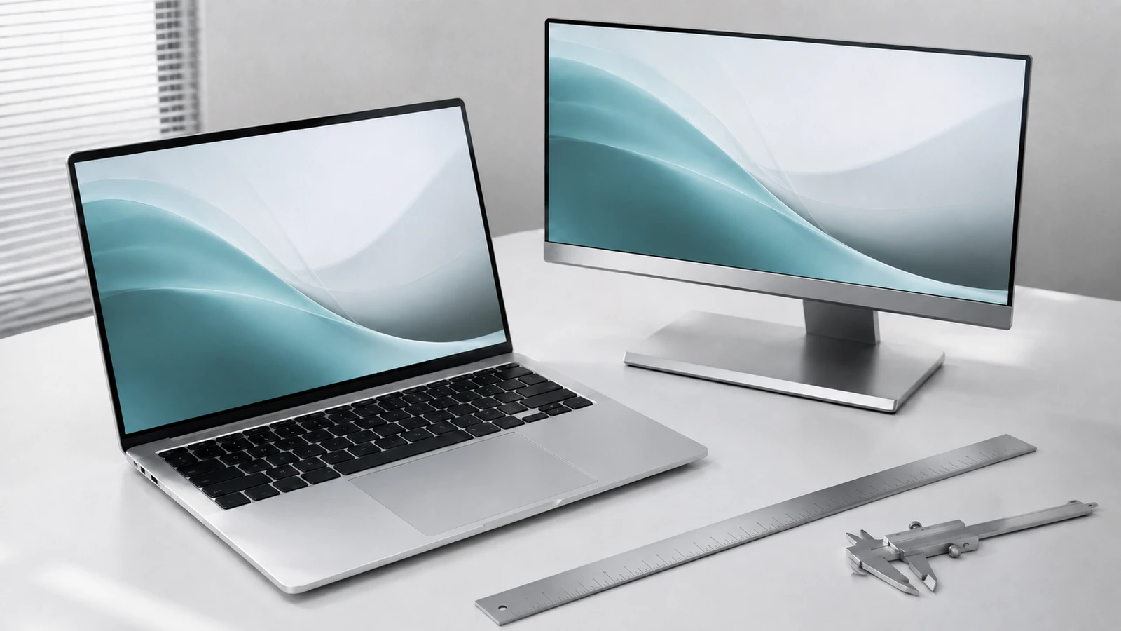 An open silver laptop and a desktop monitor on a white work surface with a ruler and caliper.