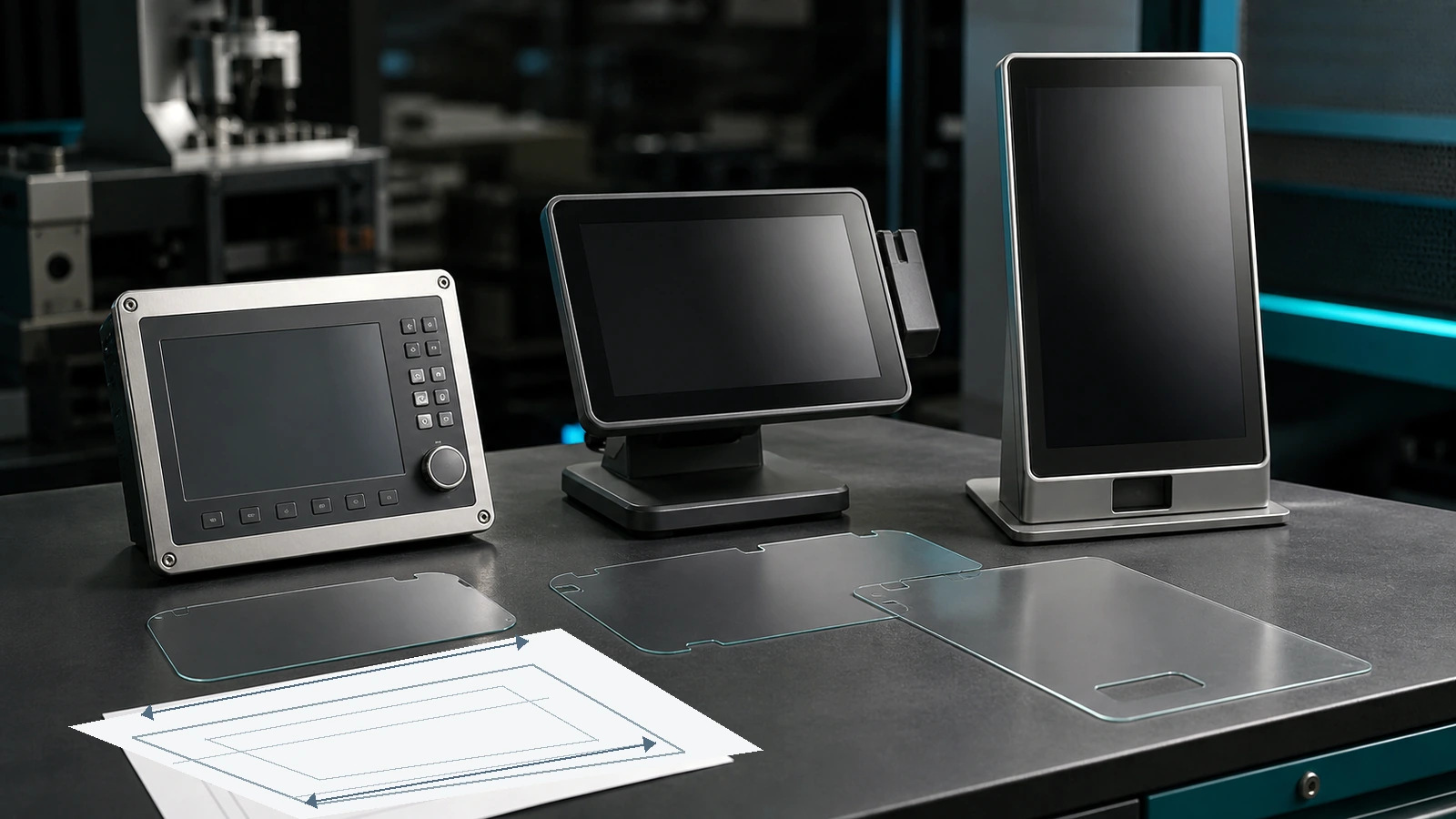 Industrial HMI, POS and kiosk displays with separate custom-cut PET layers and a dimensioned drawing