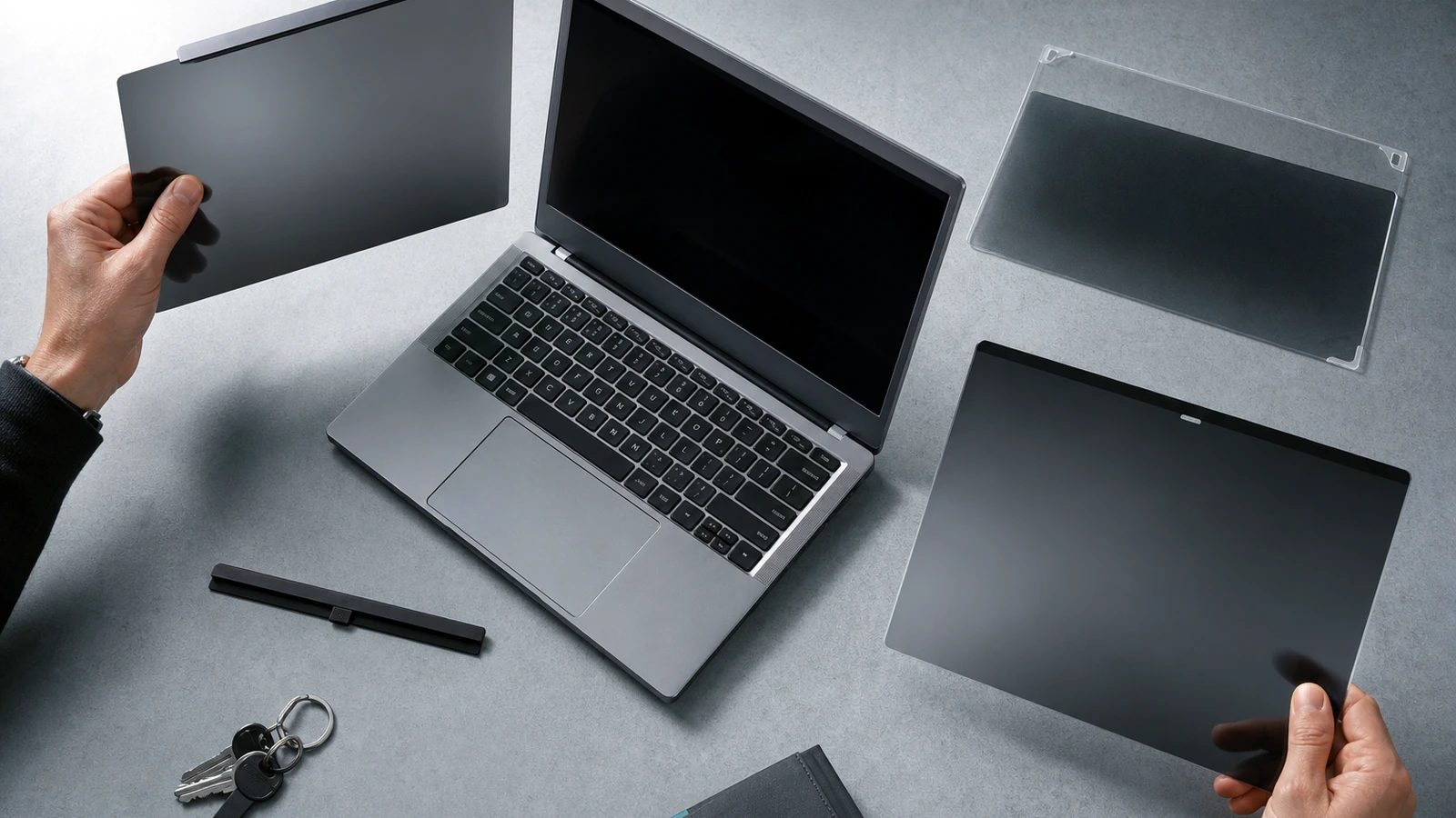 IT buyer comparing magnetic, nano direct-attach, clip and static filter samples beside an unbranded laptop