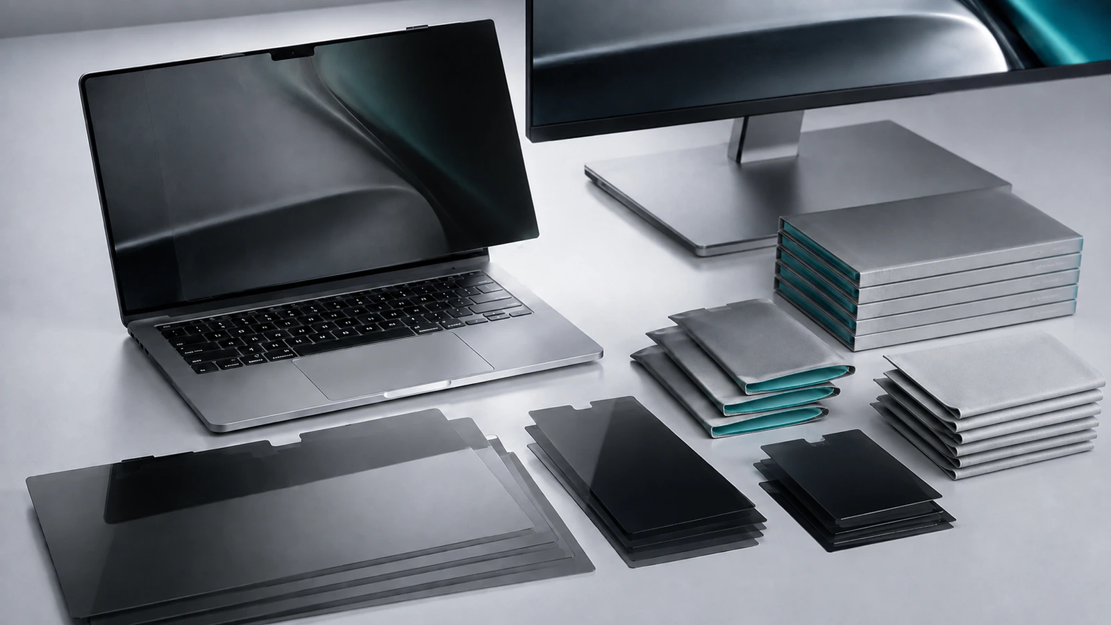 Grouped privacy filter samples and protective sleeves arranged beside an unbranded laptop and monitor