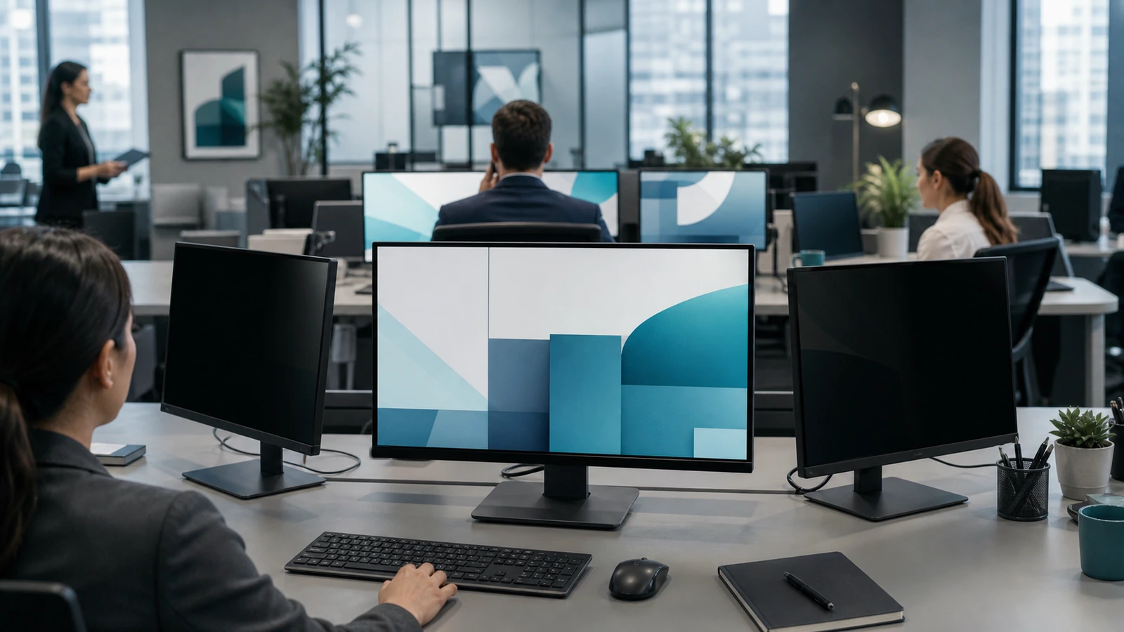 Open office with several unbranded monitors viewed from front and side, without compliance badges