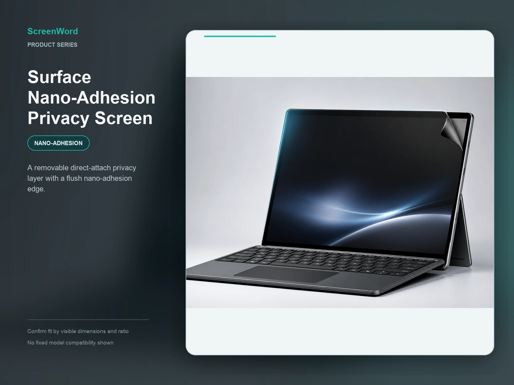Surface-style business device with a nano-adhesion privacy screen corner lifted to show the contact edge