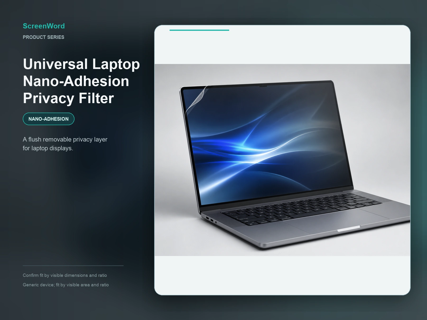 Unbranded business laptop with a nano-adhesion privacy filter corner lifted from the display