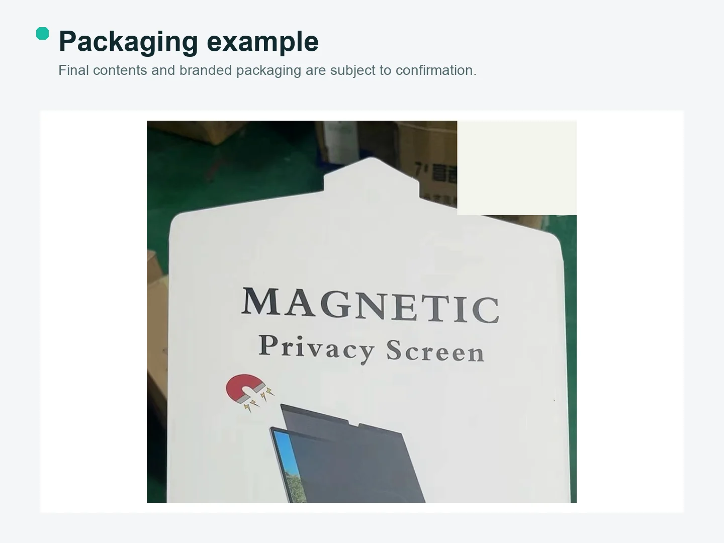 Magnetic privacy screen packaging sleeve printed with product name and a magnet icon.