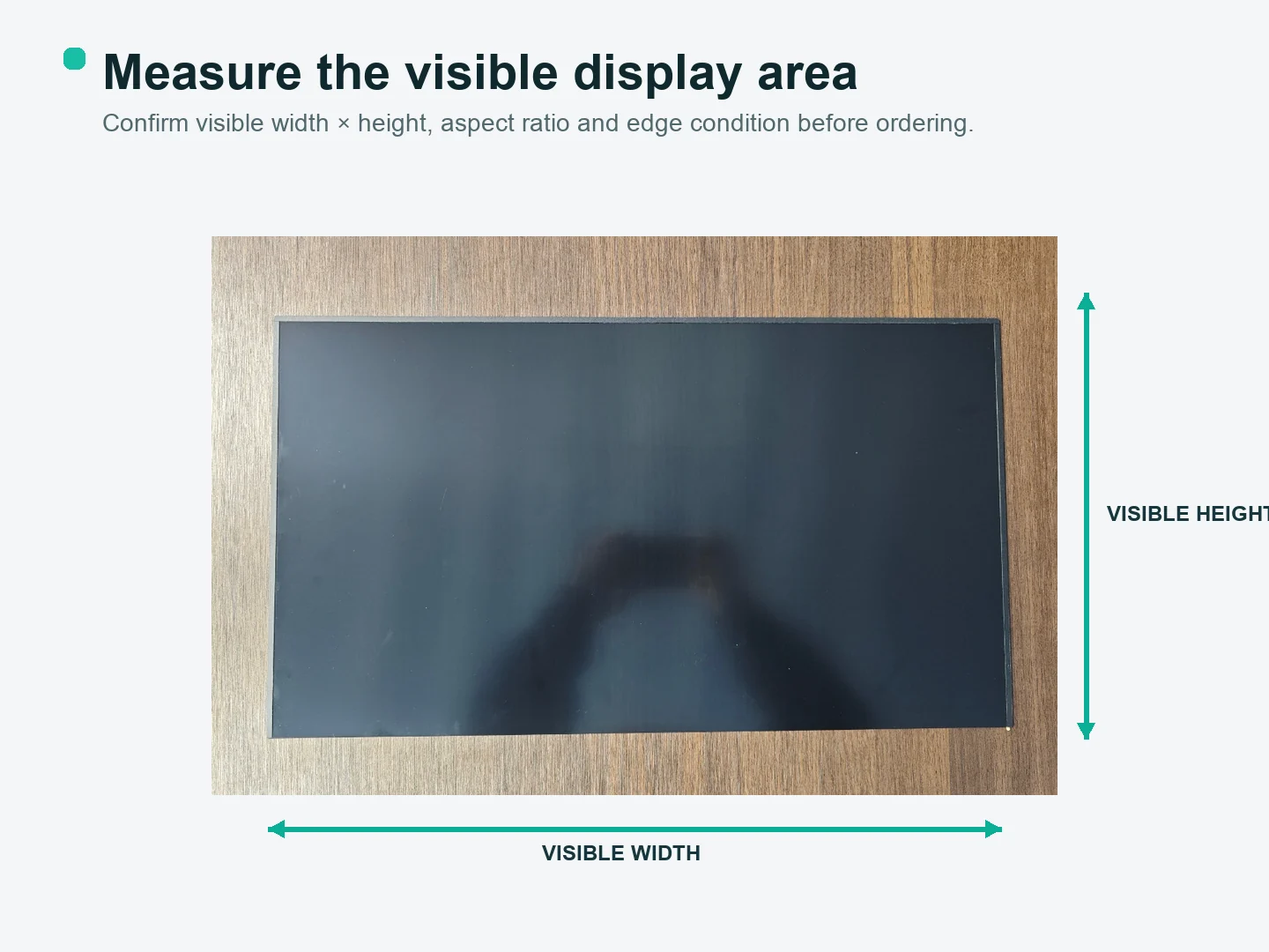 Measurement diagram showing visible width and visible height arrows on a flat-panel display.