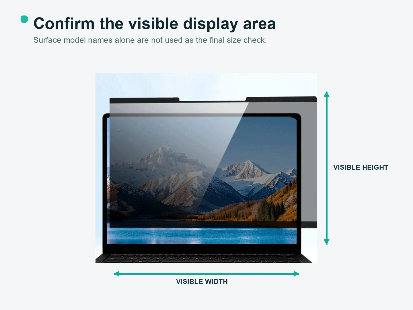 Surface privacy screen measurement guide showing visible width and height